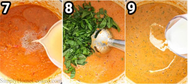 Steps to make Tomato Basil Soup: add the chicken broth and basil, then blend, and add the heavy cream.