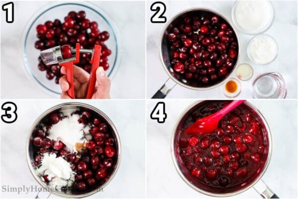 Steps to make Cherry Pie Filling: pit the cherries with a cherry pitter, then add the vanilla, lemon juice, sugar, and cornstarch with water to the cherries in a pot, then boil and simmer, stirring.