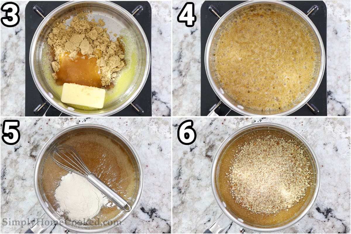 Steps to make Lace Cookies with Chocolate: melt the butter and sugar together, then add the flour and vanilla, and finally the chopped almonds. 