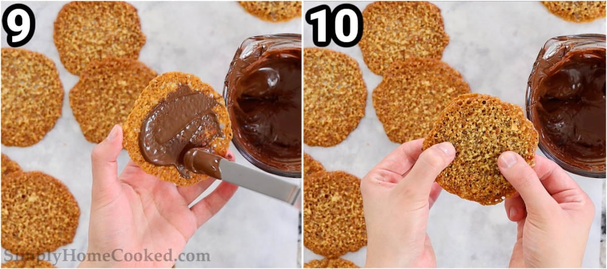 Steps to make Lace Cookies with Chocolate: melt chocolate and then use it to glute two lace cookies together like a sandwich. 