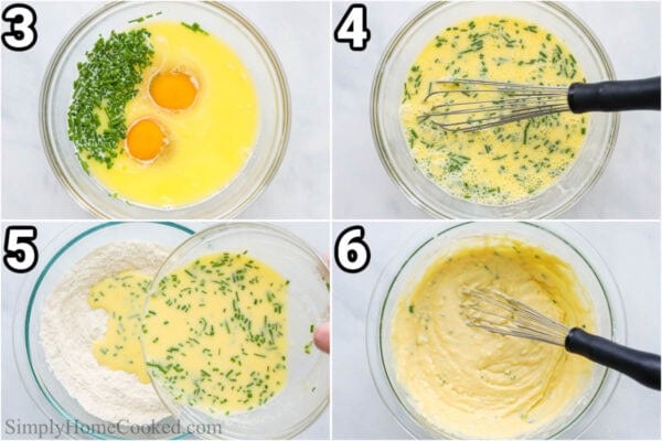 Steps to make Corn Fritters: whisk the eggs, milk, butter, and chives together, then add it to the dry ingredients.