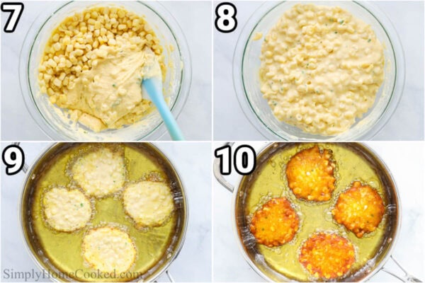 Steps to make Corn Fritters: add in the corn and mix, then drop in mounds of batter to hot oil to cook.