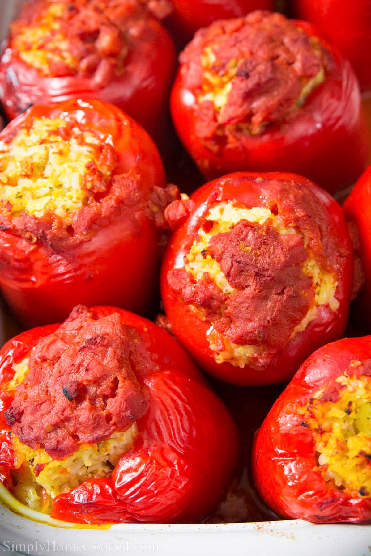 Chicken and Rice Stuffed Peppers, topped with tomatoes. 