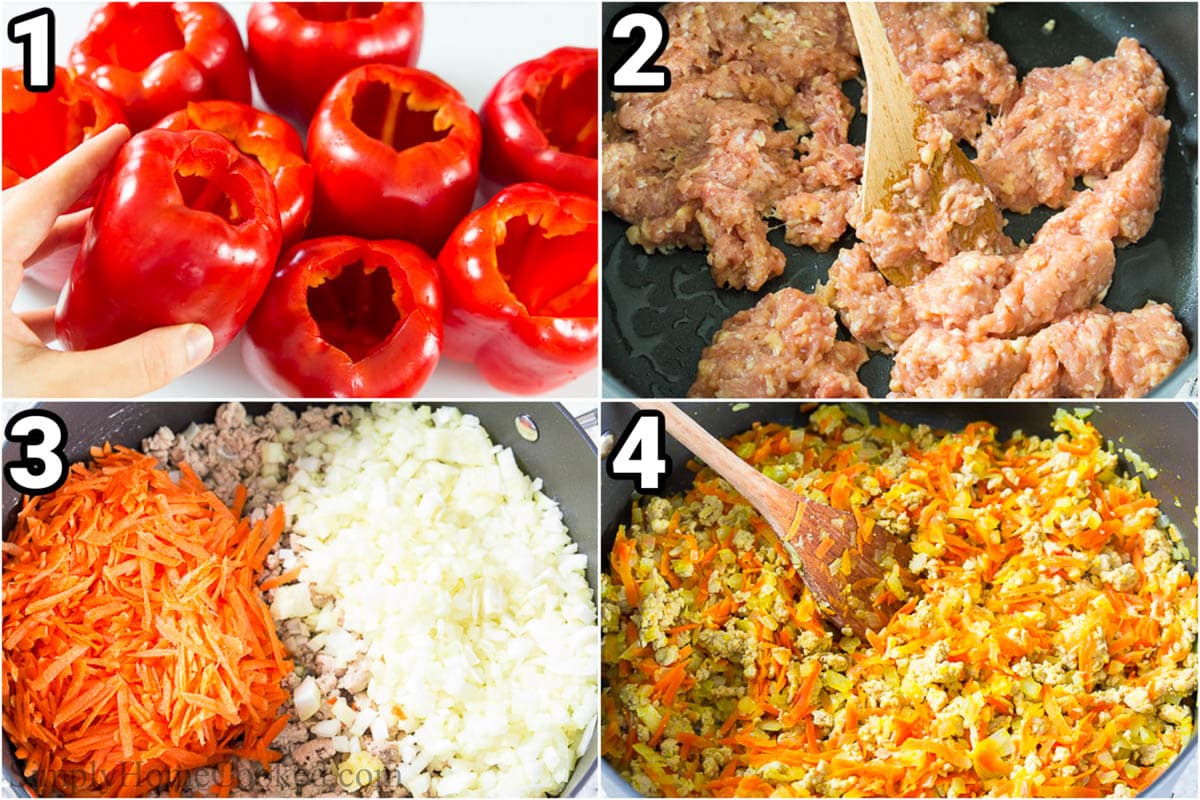 Steps to make Chicken and Rice Stuffed Peppers: core the peppers, cook the chicken, cook the carrots, onion and garlic, and then mix together. 