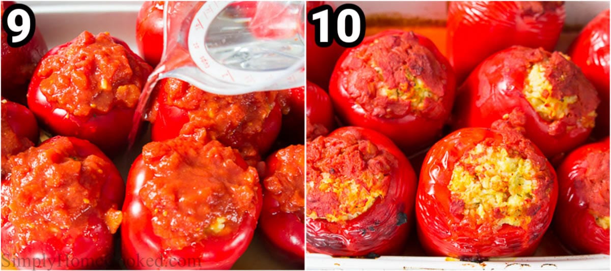 Steps to make Chicken and Rice Stuffed Peppers: top the stuffed peppers with crushed tomatoes, add water to the baking dish, and bake. 