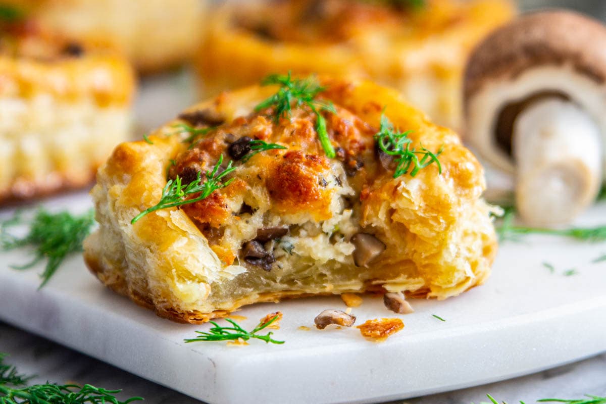 Chicken and Mushroom Pastry with mushrooms nearby. 