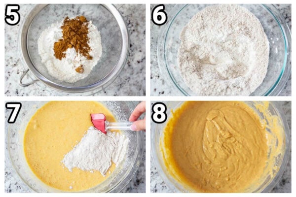 Steps to make Pumpkin Spice Cupcakes: sift the pumpkin pie spice, cinnamon, salt, baking powder, baking soda, and flour into the wet ingredients.