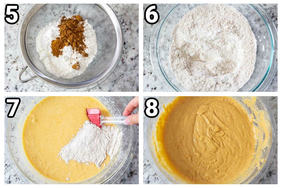 Steps to make Pumpkin Spice Cupcakes: sift the pumpkin pie spice, cinnamon, salt, baking powder, baking soda, and flour into the wet ingredients. 