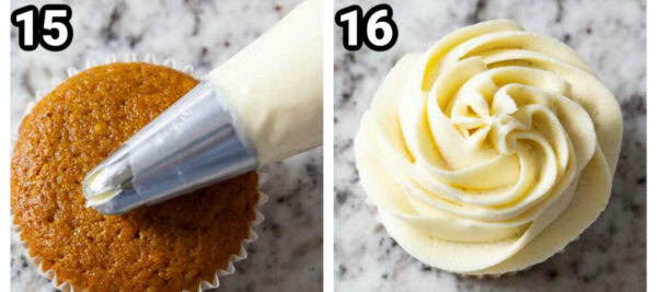 Steps to make Pumpkin Spice Cupcakes: using a piing tip, frost the cupcakes.