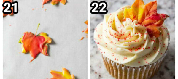 Steps to make Pumpkin Spice Cupcakes: peel the real leaf away from the candy and then top the frosted cupcakes with the candy leaves.