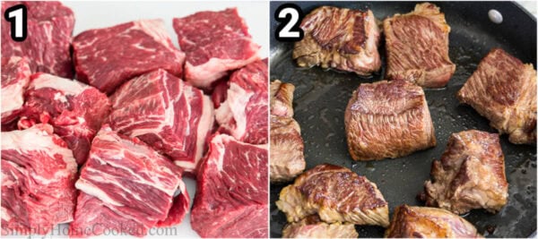 Steps to make Braised Beef: cut the beef into chunks and brown on all sides.