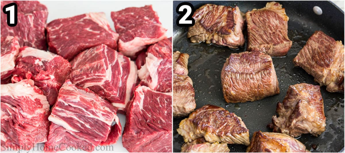 Steps to make Braised Beef: cut the beef into chunks and brown on all sides.