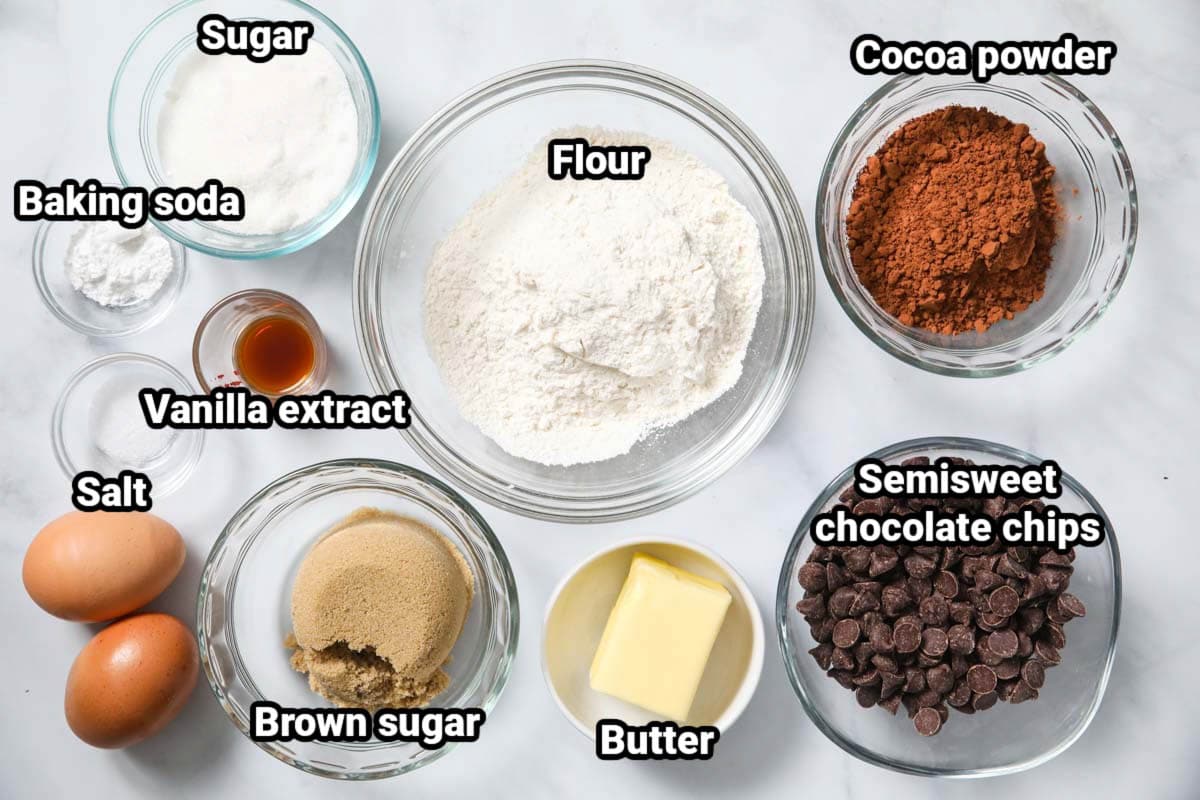 Ingredients for Double Chocolate Cookies: sugar, flour, baking soda, vanilla, salt, eggs, cocoa powder, butter, brown sugar, and semisweet chocolate chips. 