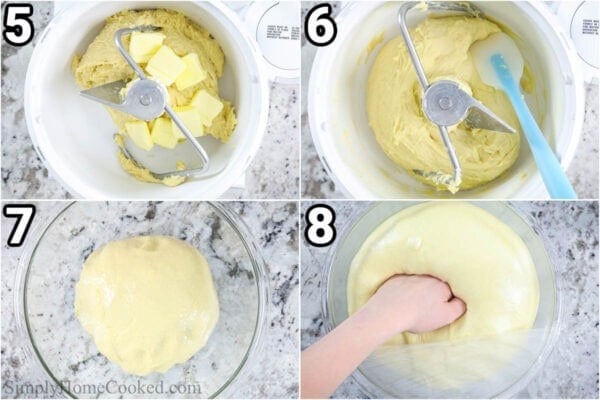 Steps to make Brioche Donuts: add softened butter, and then let the dough rise, punch it down and proof again.