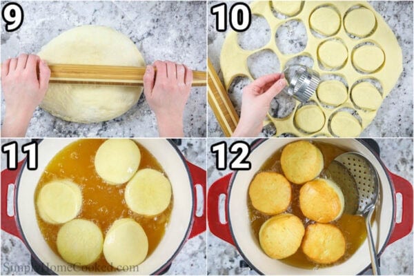 Steps to make Brioche Donuts: roll the dough out, cut out the doughnuts, let it rise, then fry them.