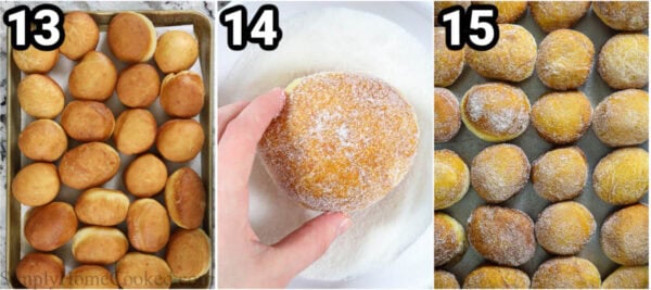 Steps to make Brioche Donuts: let them cool, then roll them in sugar.