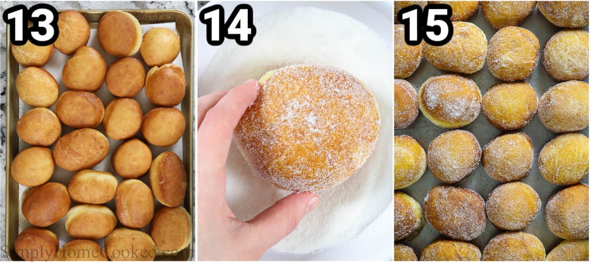 Steps to make Brioche Donuts:  let them cool, then roll them in sugar. 