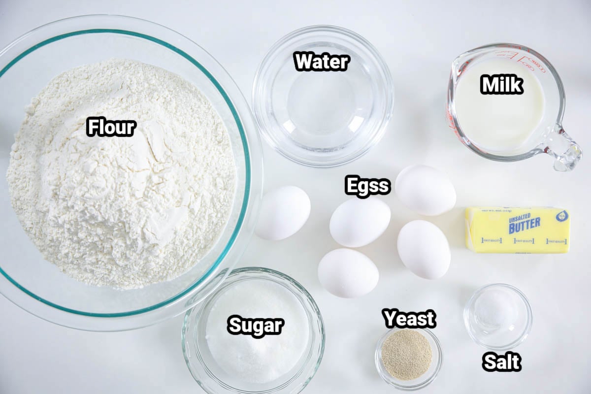 Ingredients for Brioche Donuts: flour, water, milk, eggs, butter, yeast, sugar, and salt. 