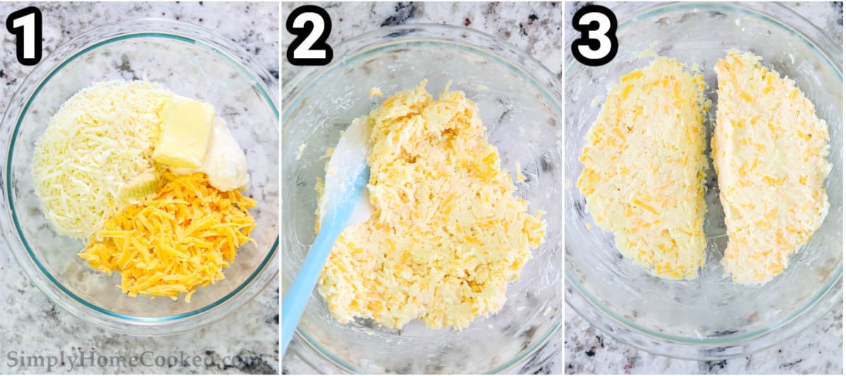 Steps to make Garlic Cheese Bread: combine the mozzarella, cheddar, mayo, butter, and garlic, then split it in half.