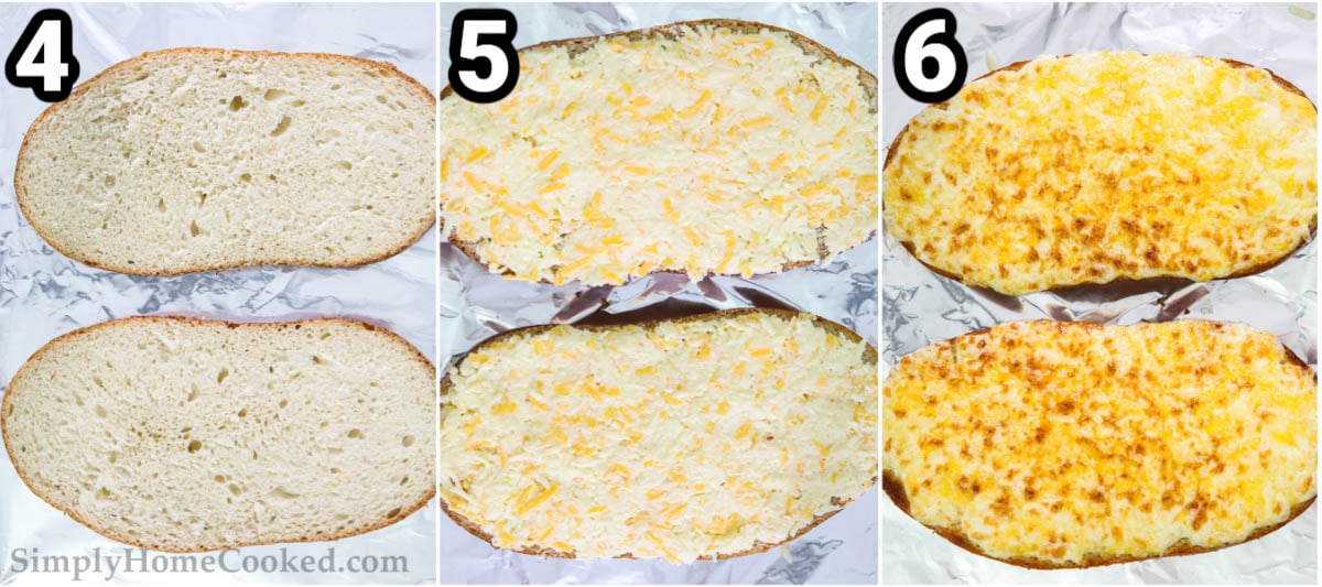 Steps to make Garlic Cheese Bread: slice the bread, add the cheese mixture on top, and bake. 