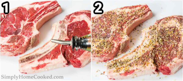 Steps to cook a steak in the oven: drizzle oil on the steak, then add pressed garlic and seasoning.