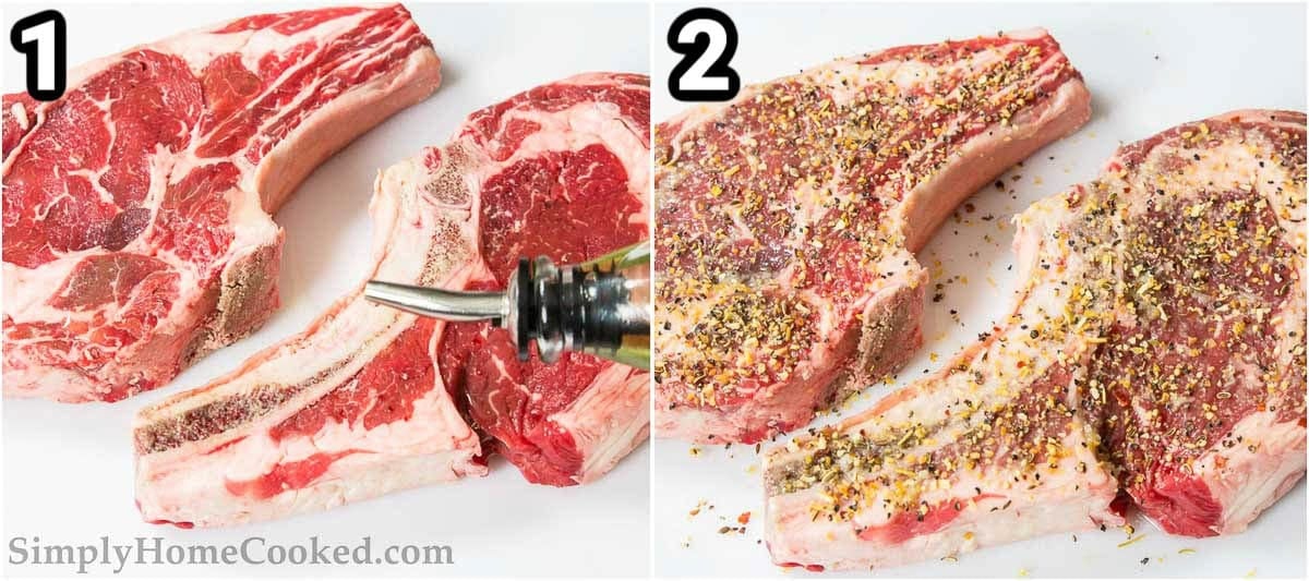 Steps to cook a steak in the oven: drizzle oil on the steak, then add pressed garlic and seasoning.