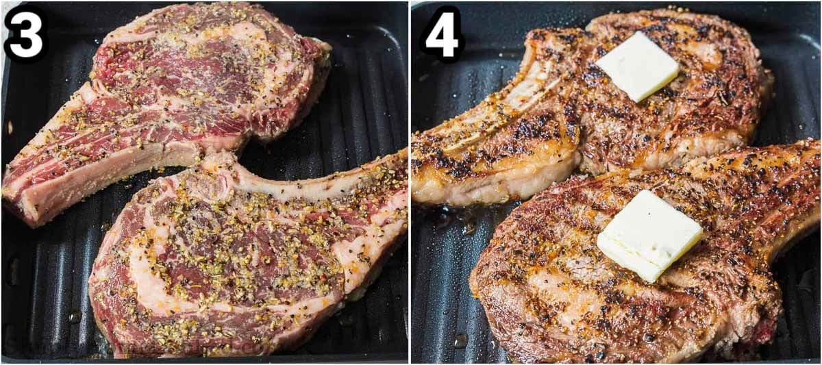 Steps to cook a steak in the oven: cook the steak in a pan in the oven and then top with butter.