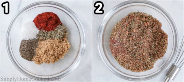 Steps to make Salmon Seasoning: combine the brown sugar, thyme, alt, pepper, and paprika with a whisk in a bowl.