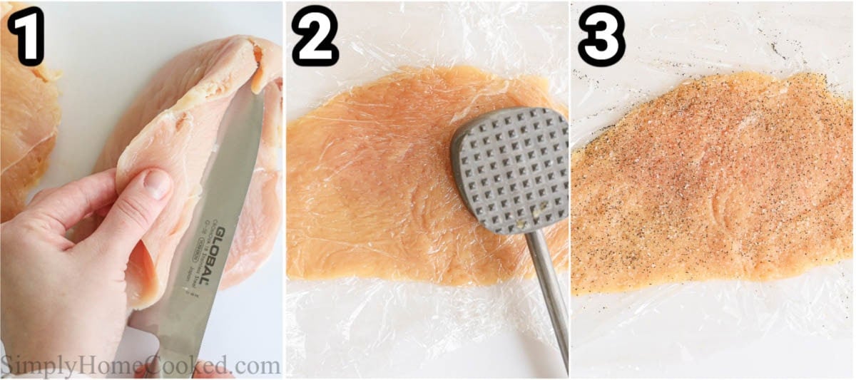 Steps to make Chicken Cutlets: slice the chicken, then cover it with plastic wrap before pounding it with a meat mallet.