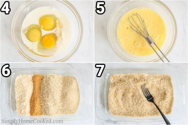 Steps to make Chicken Cutlets: mix the eggs with milk and pressed garlic, then mix the breadcrumbs with parmesan cheese.