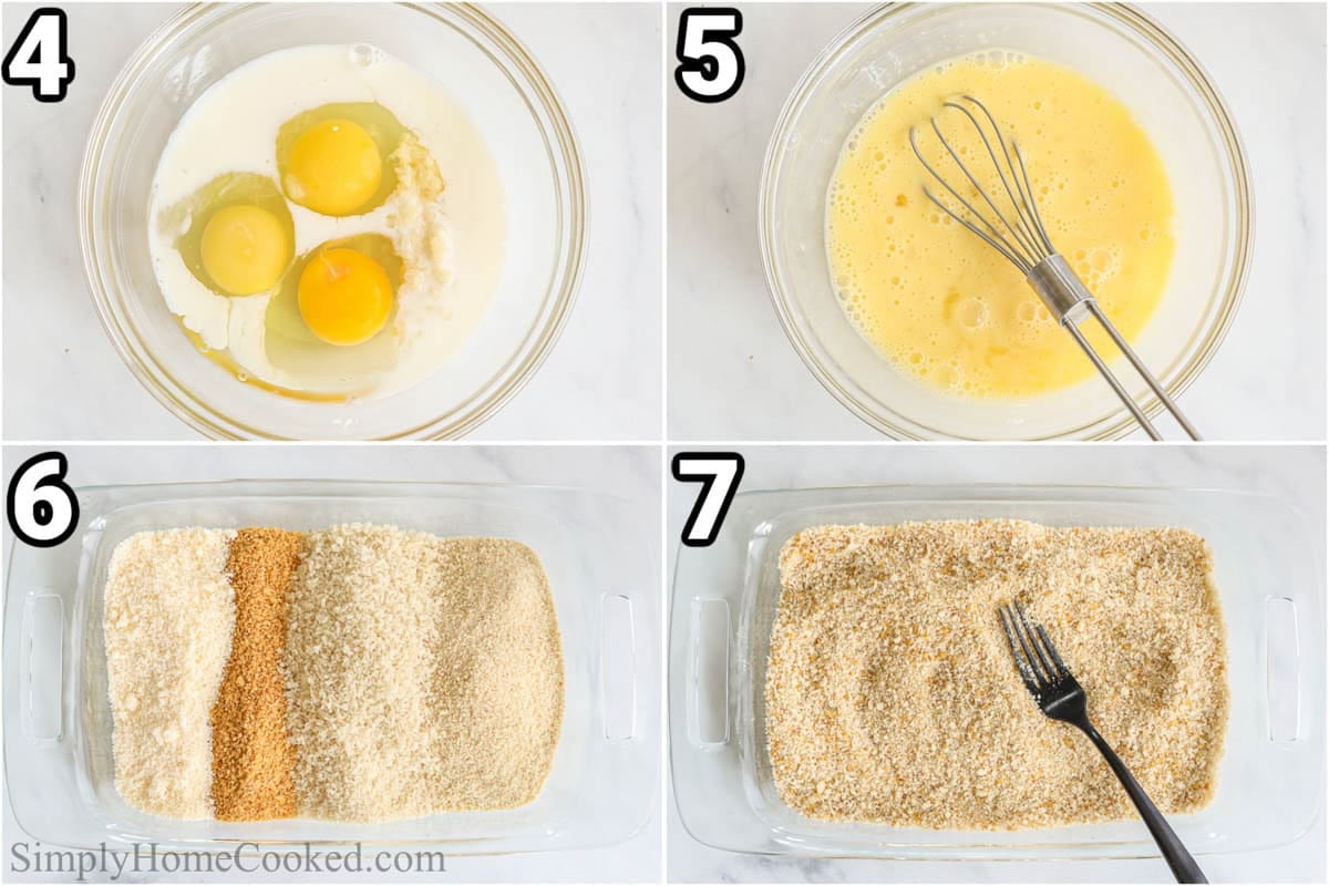 Steps to make Chicken Cutlets: mix the eggs with milk and pressed garlic, then mix the breadcrumbs with parmesan cheese. 