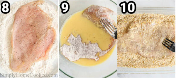 Steps to make Chicken Cutlets: dredge the chicken in flour, then egg wash, and then breadcrumbs.