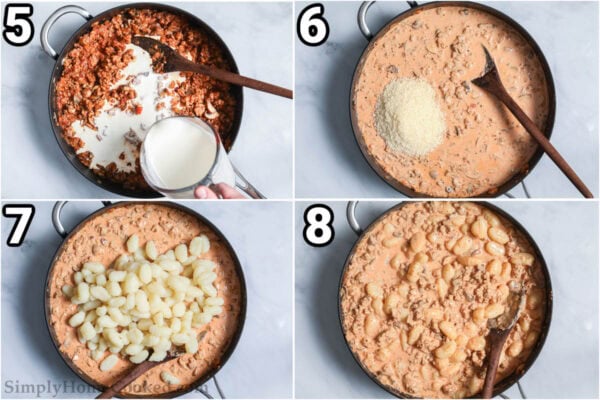 Steps to make Creamy Sausage Gnocchi: add the heavy cream, cook the gnocchi, and then add the pasta, parmesan, and salt to the skillet, stirring everything together.