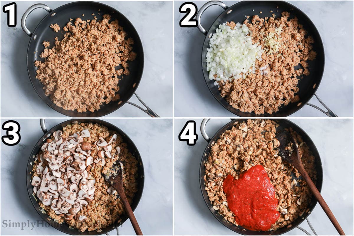 Steps to make creamy sausage gnocchi: Cook the sausage without a casing, add onion, garlic, mushrooms and tomato sauce, and stir with a wooden spoon. 