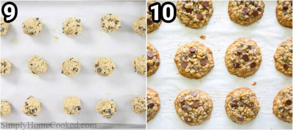 Steps to make Oatmeal Chocolate Chip Cookies: scoop the cookie dough onto a baking sheet with parchment paper on it and bake.