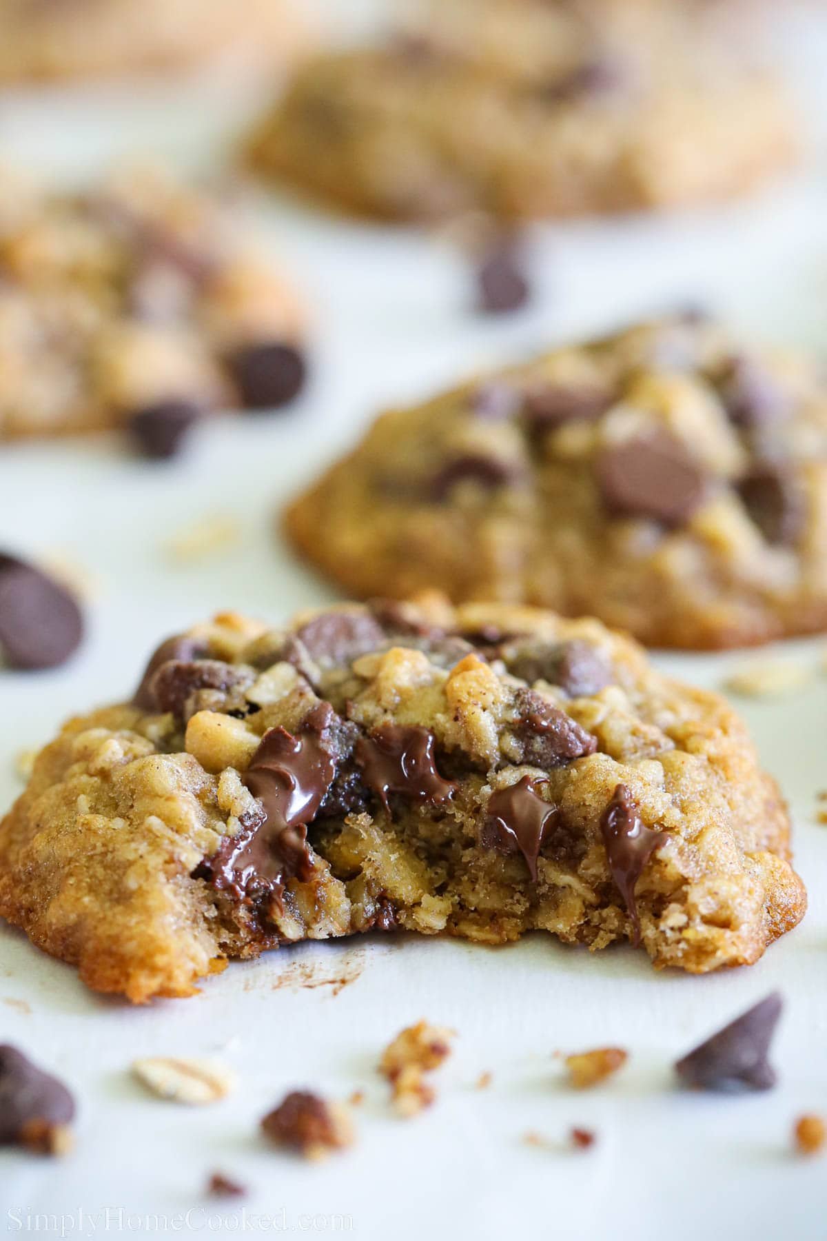 Close up of an Oatmeal Chocolate Chip Cookie missing a bite. 