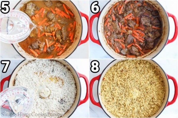 Steps to make Plov: add water and cook the meat, then add rice and more water, cooking until done.