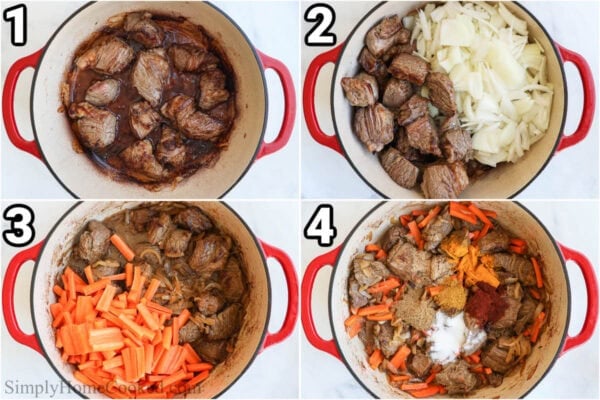 Steps to make Plov: sear the beef and then saute the onions and carrots before adding the coriander, cumin, paprika, curry, turmeric, salt, and pepper.