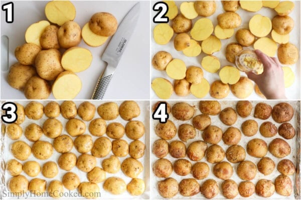 Steps to make Roasted Yukon Gold Potatoes: cut the potatoes in half, add oil, garlic powder, salt, and pepper, lay the potatoes cut side down on the baking sheet, and cook.