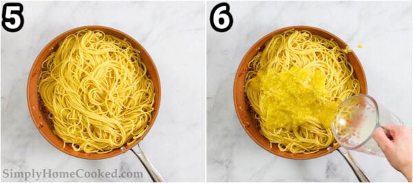 Steps to make Spaghetti Carbonara: add the pasta to the bacon, then add the egg mixture with some pasta water, and quickly mix everything together.