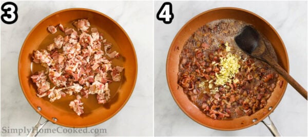 Steps to make Spaghetti Carbonara: cook the bacon, then add the garlic.