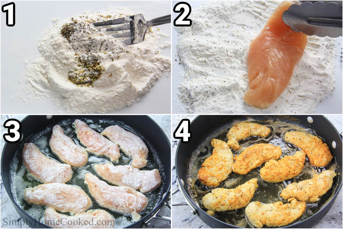 Steps to make Chicken Marsala: combine the flour, oregano, salt, and pepper, then dredge the chicken, and saute in oil and butter.