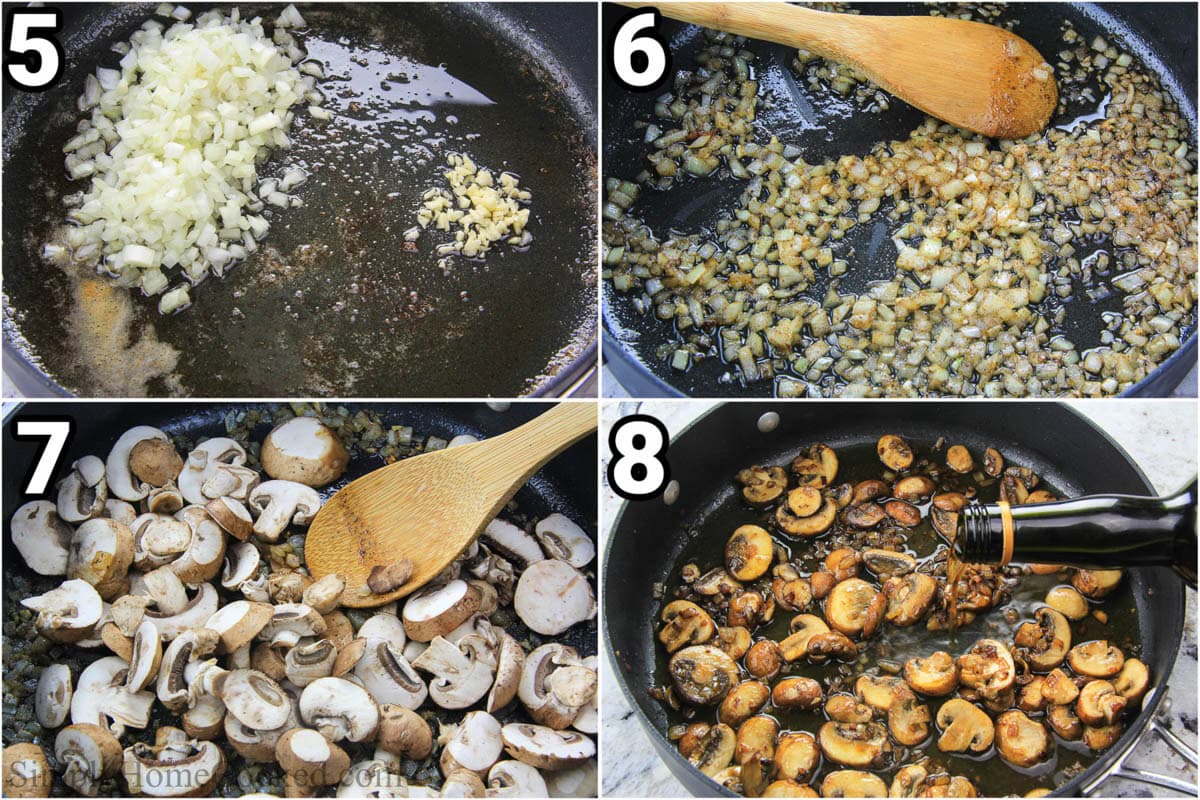 Steps to make Chicken Marsala: saute the chopped onions and garlic, then add mushrooms and marsala wine. 