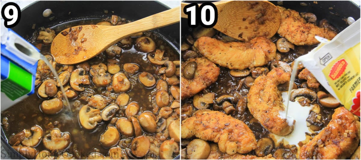 Steps to make Chicken Marsala: add the chicken broth chicken, then stir in the heavy cream.