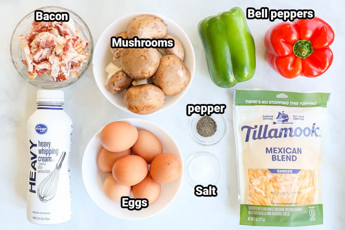 Ingredients for Egg Bites: bacon, mushrooms, bell peppers, cheese, salt, pepper, eggs, and heavy cream.