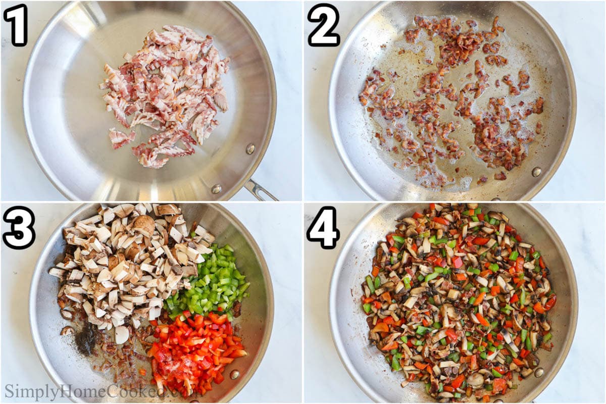 Steps to make Egg Bites: cook the bacon in a skillet until crispy, then add the mushrooms and red and green bell peppers, and finally season with salt and pepper.