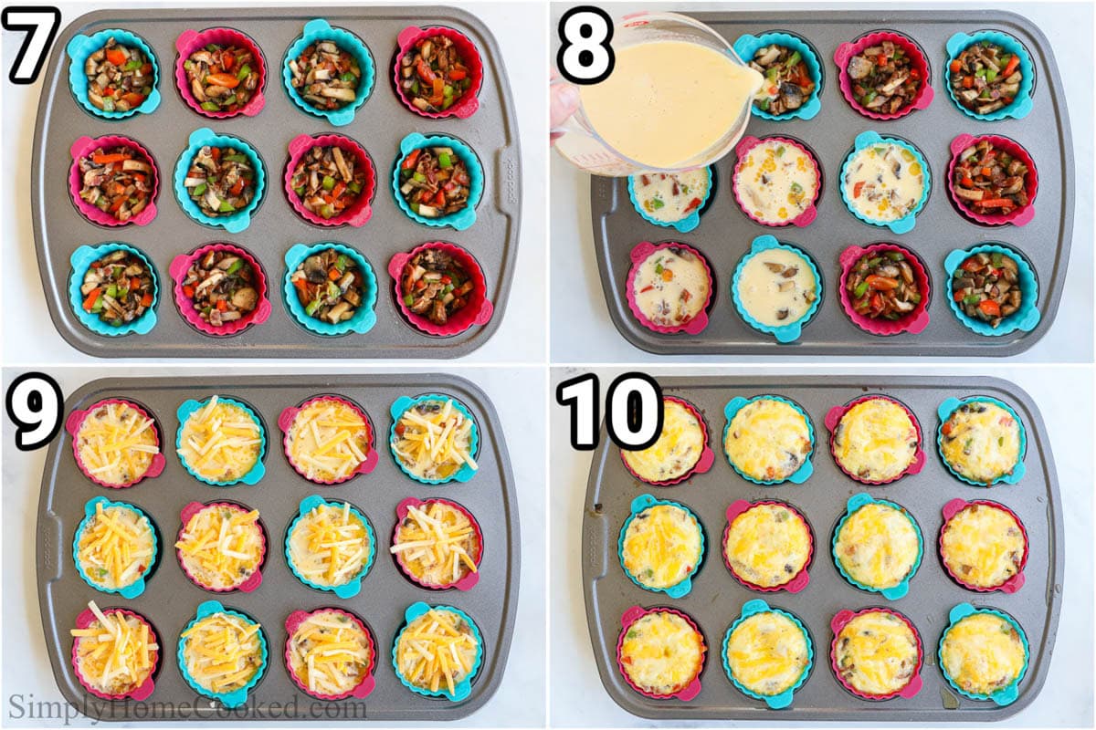 Steps to make Egg Bites: line the muffin tin with silicone muffin liners, then add the vegetable/bacon mix, the egg mixture, and then top with cheese and bake.