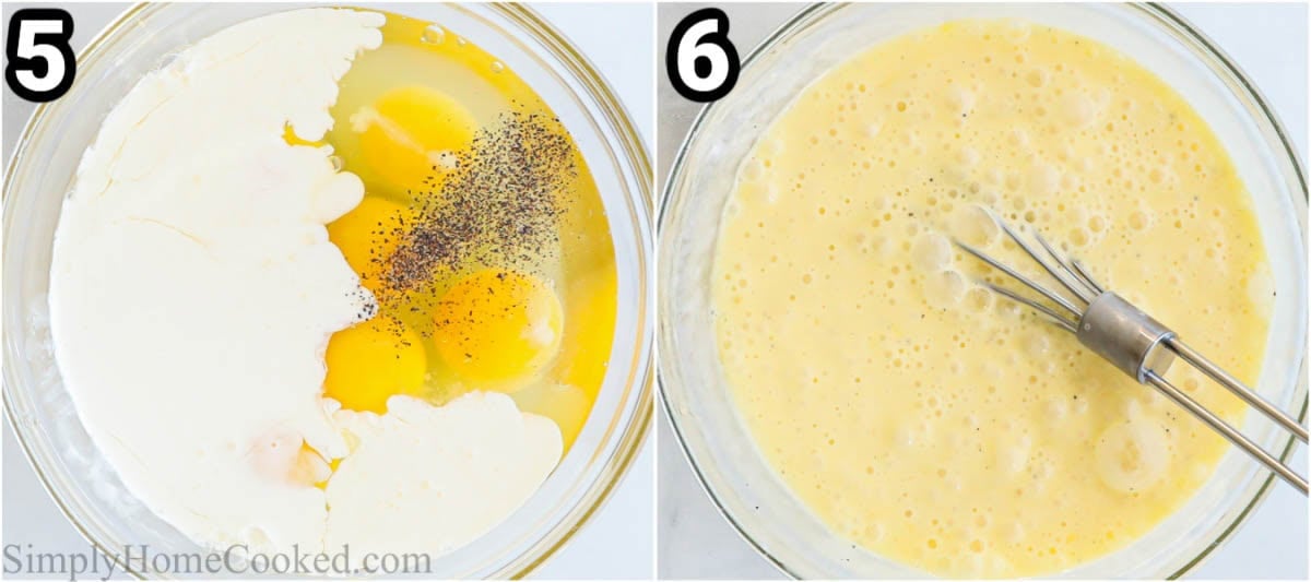 Steps to make Egg Bites: whisk the eggs, heavy cream, salt, and pepper together in a bowl.