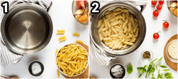 Steps to make Penne Alla Vodka: cook the penne pasta in a pot of salted boiling water, then drain it.