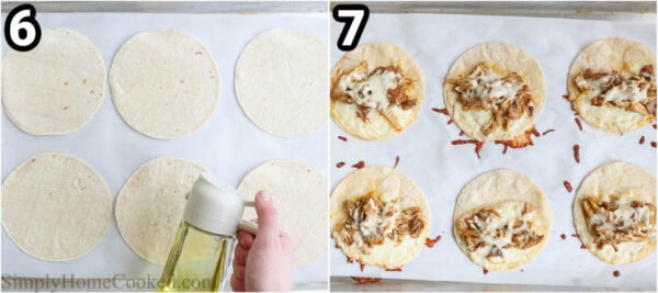 Steps to make Baked Chicken Tacos: spray the corn tortillas and then top them with shredded chicken and cheese, then bake.
